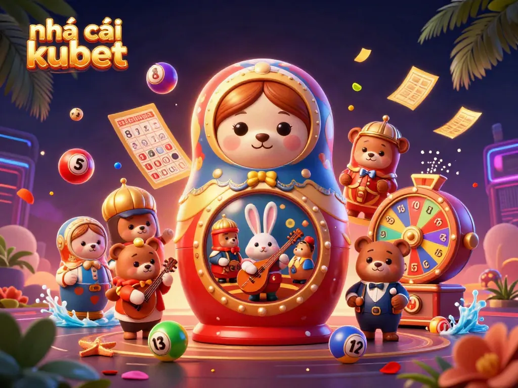 Engage with Nhà cái kubet in a vibrant 3D casino scene featuring playful characters and dynamic game elements.