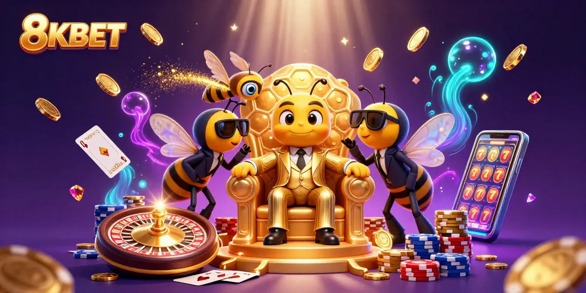 Experience thrilling gaming with 8KBET's vibrant 3D casino scene, showcasing poker and slots.