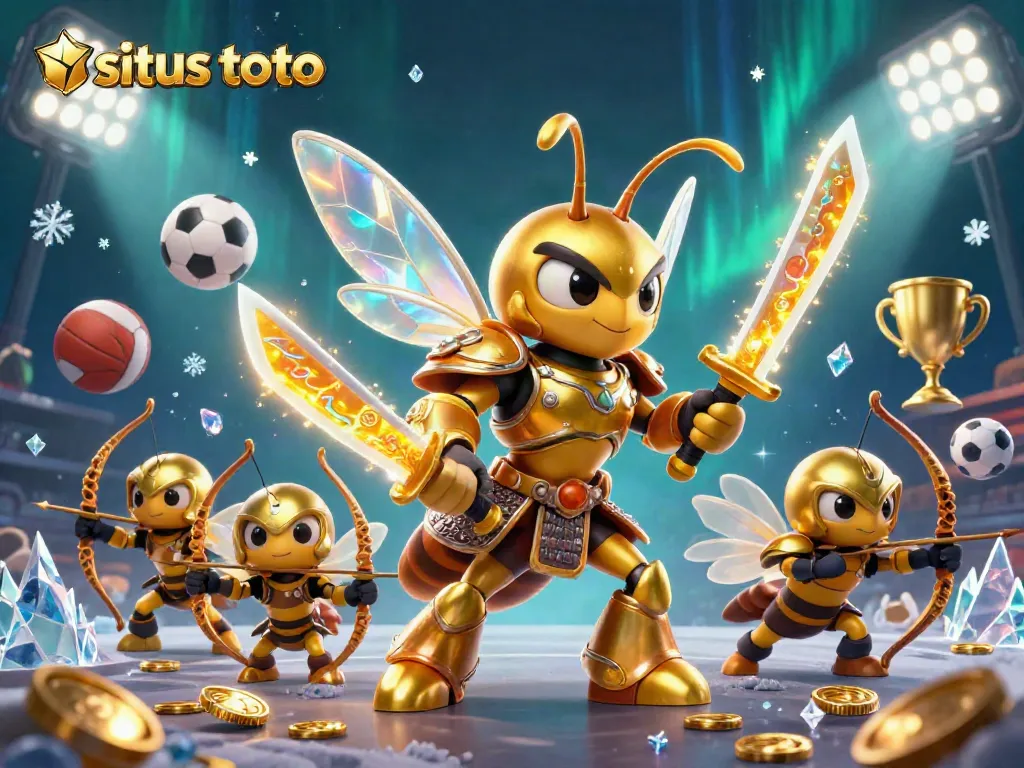 Engage in situs toto with a scene featuring a golden hornet in samurai armor amidst dynamic sports elements and gold coins.