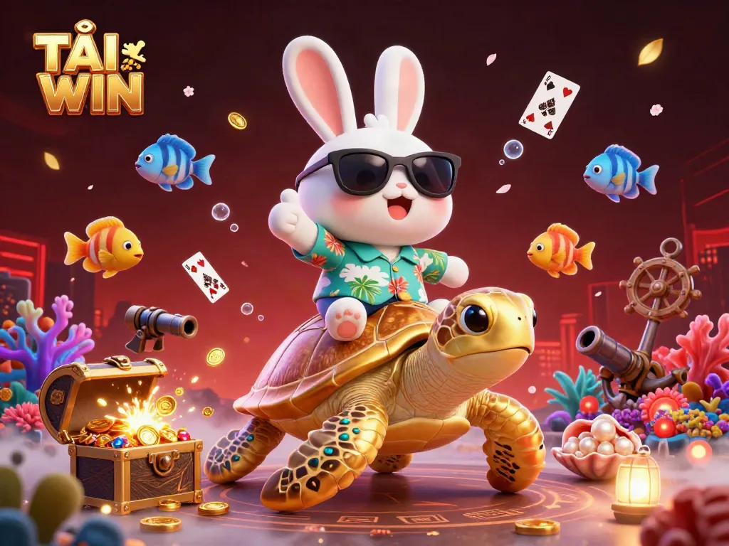 Experience TẢI SUN WIN with a vibrant 3D scene featuring a lucky rabbit and sea turtle amidst gold coins and glowing treasures.