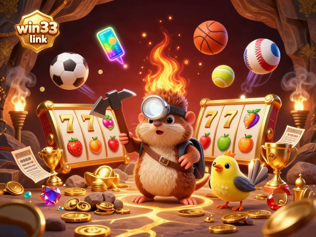 Engage with the win33 link, featuring a vibrant treasure-hunting mole in a dynamic casino scene.
