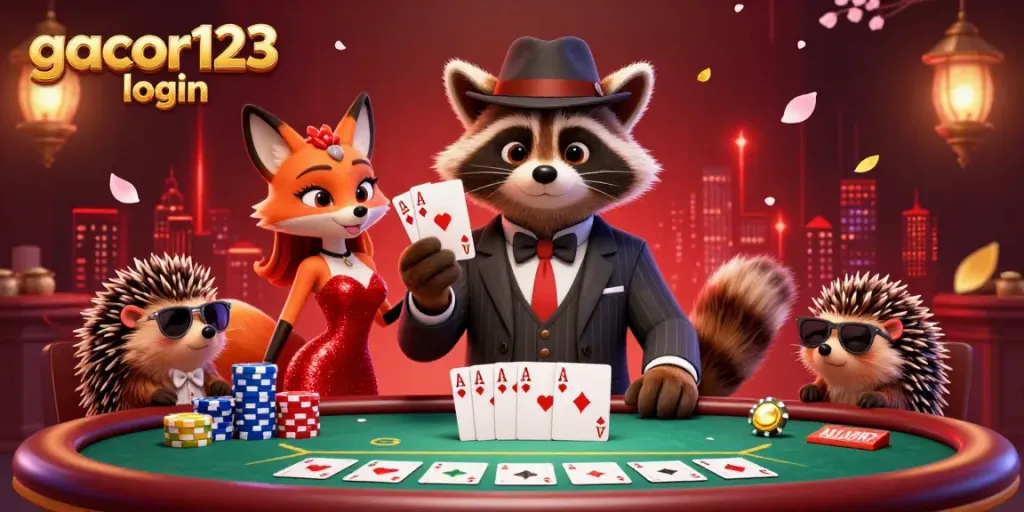 Engage with gacor123 login showcasing a stylized raccoon, fox, and hedgehog in an ultra-detailed poker scene.