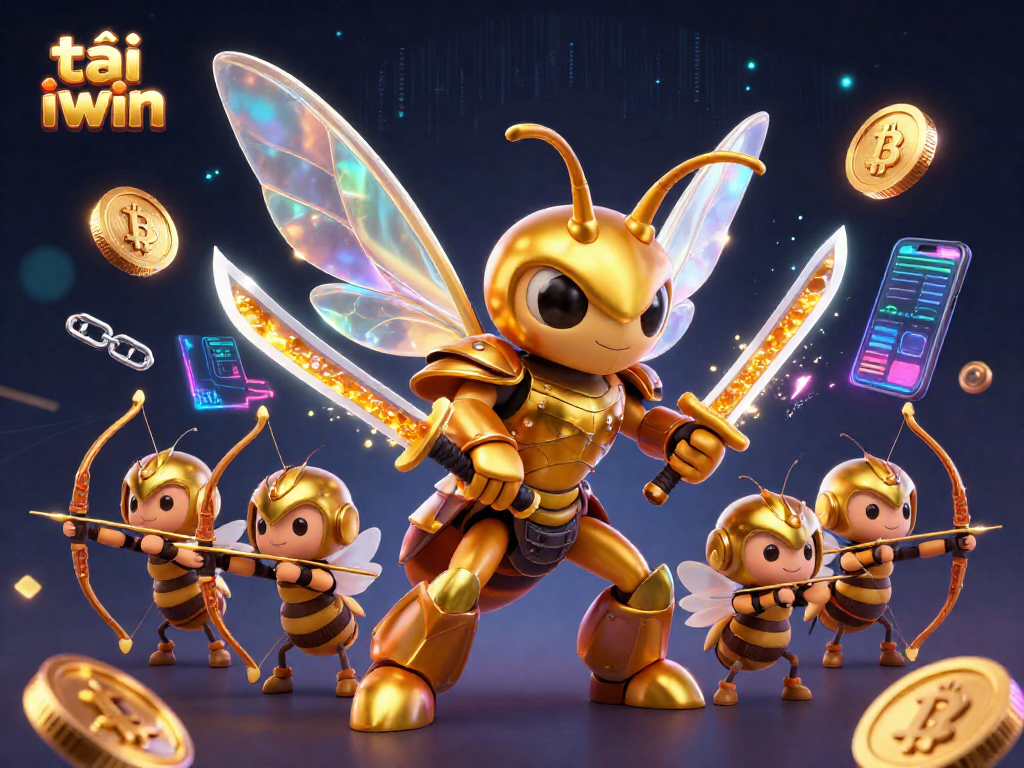 Play games and win with tải iwin featuring a 3D hornet samurai in an energetic casino scene.