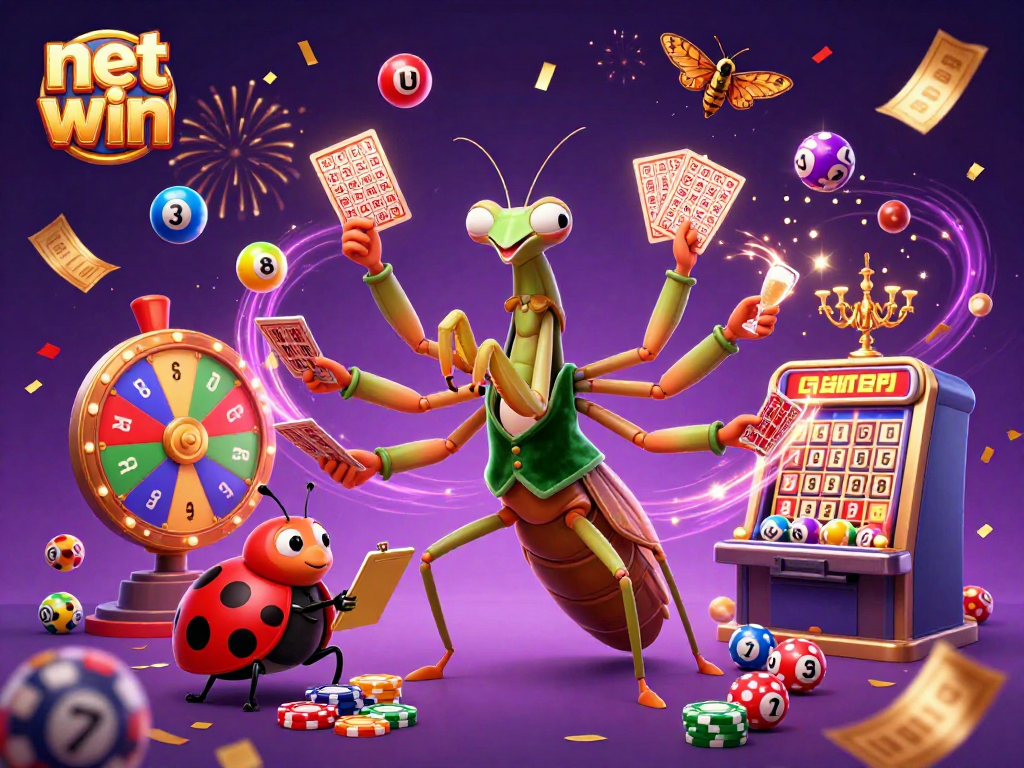 Experience vibrant gaming action with net win and colorful lottery balls in a lively casino scene.