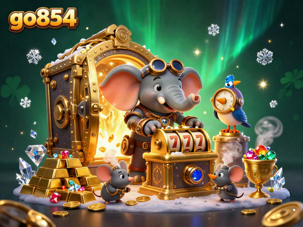 Engage with go854's thrilling slots as the steampunk elephant spins the reels in a vibrant casino scene.