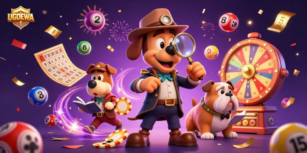 UGDEWA shows a detective bloodhound and bulldog in a colorful casino scene, revealing clues.