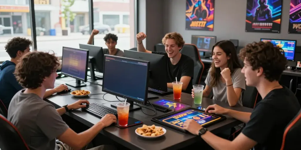 Friends enjoying luxury12 slot games at a vibrant gaming cafe.