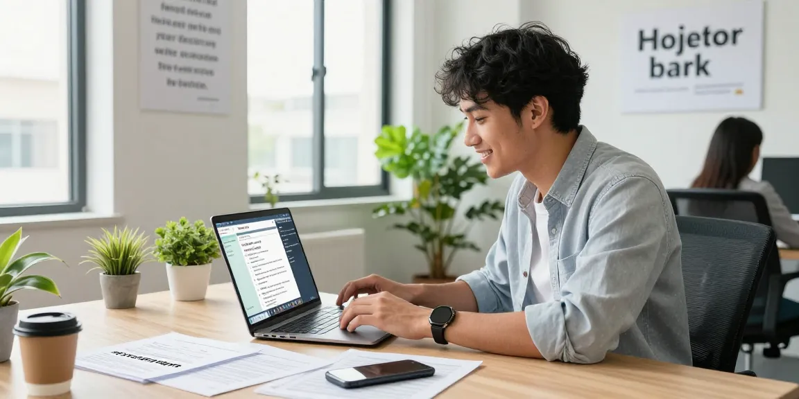 Job seeker engaging in หางาน search on laptop in modern office setting.