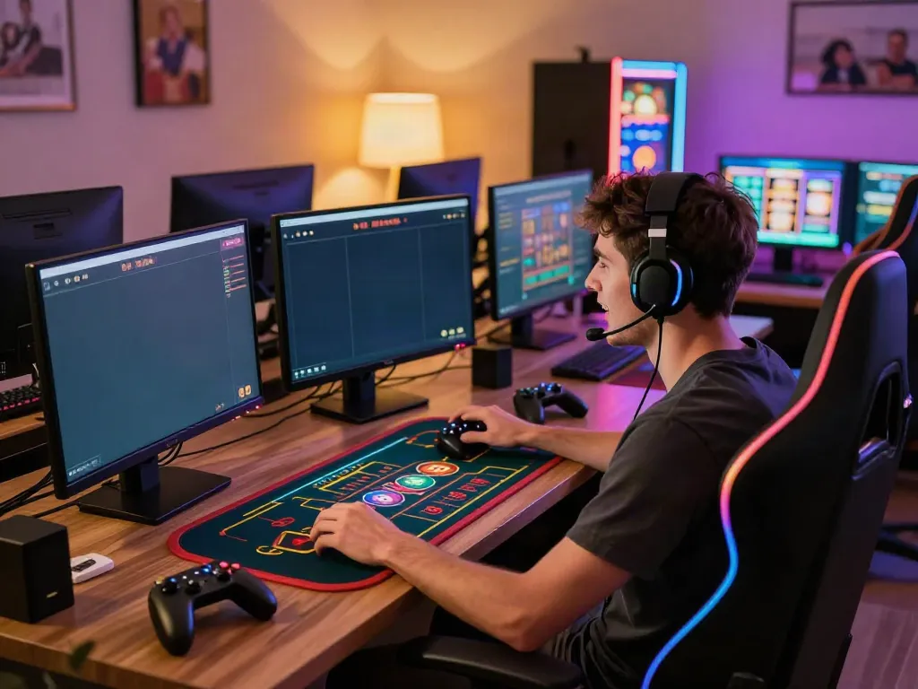 Immersive online gaming scene showcasing qqmacan player in action with vibrant screens and energetic atmosphere.