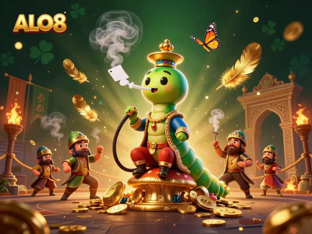 ALO8 shows a caterpillar hookah-master in a Turkish outfit with poker symbols, enhancing online casino vibes.