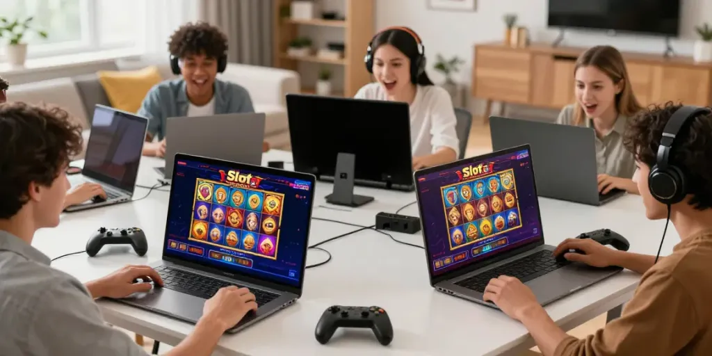 Exciting moment playing Slot MAHJONGJP88 with colorful interface and eager players.