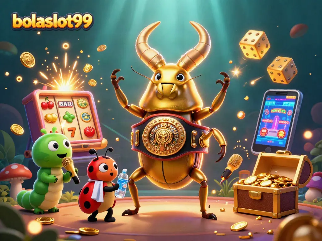 Bolaslot99 reveals epic casino battle with a giant stag beetle and vibrant jackpot elements