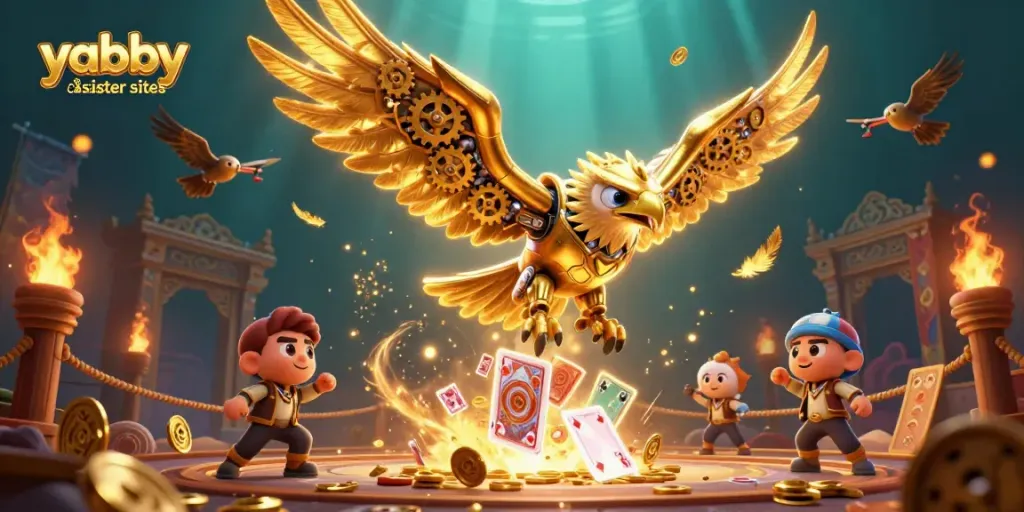 Experience thrilling action with yabby casino sister sites featuring a cybernetic eagle and holographic cards.