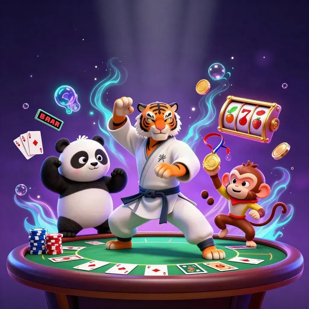 Kung-fu tiger, panda, and monkey amid slot reels, poker chips, and glowing casino magic.