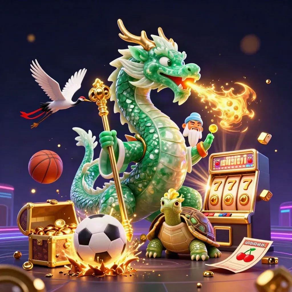 Jade dragon, turtle sage and cranes amid slot bursts, balls, gold and neon haze.