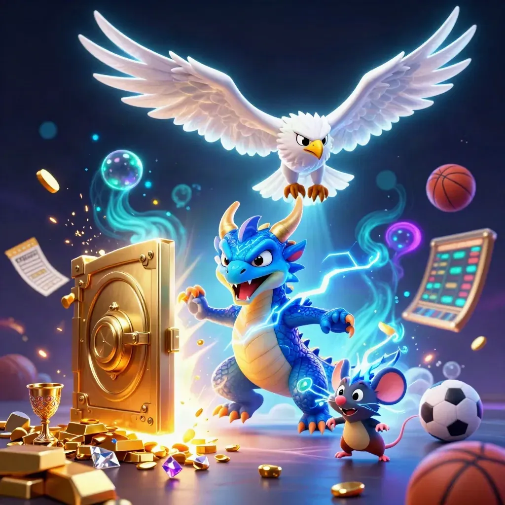 Thunder dragon, wind hawk and static mouse burst around gold vault, balls and sparks in neon glow.