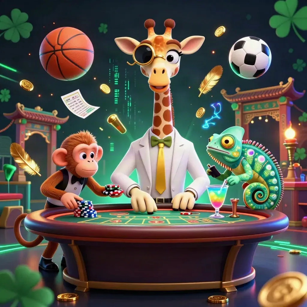 Low-angle casino key art with giraffe, monkey and chameleon, flying basketball, soccer ball, gold sparks.
