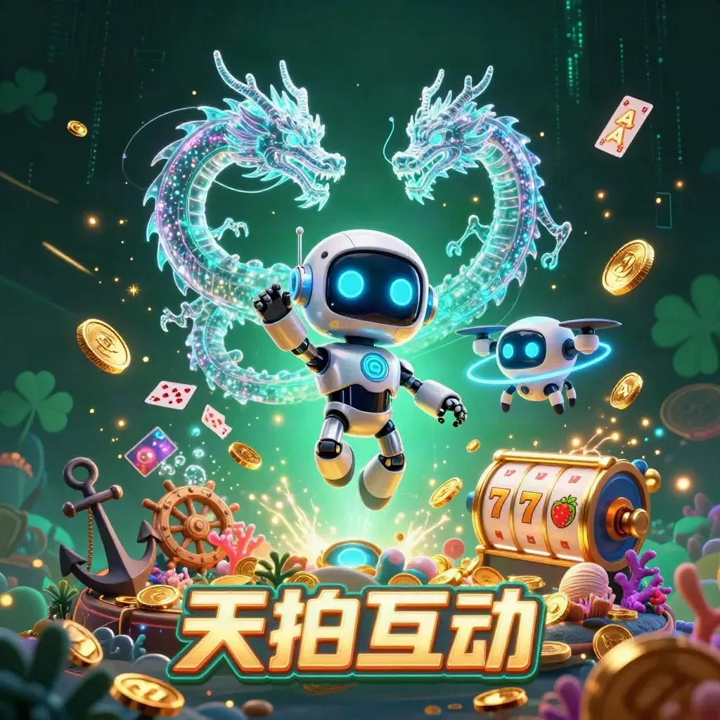 Cyberpunk robot, holographic dragon, and coin drone amid gold, coral, and neon casino effects.