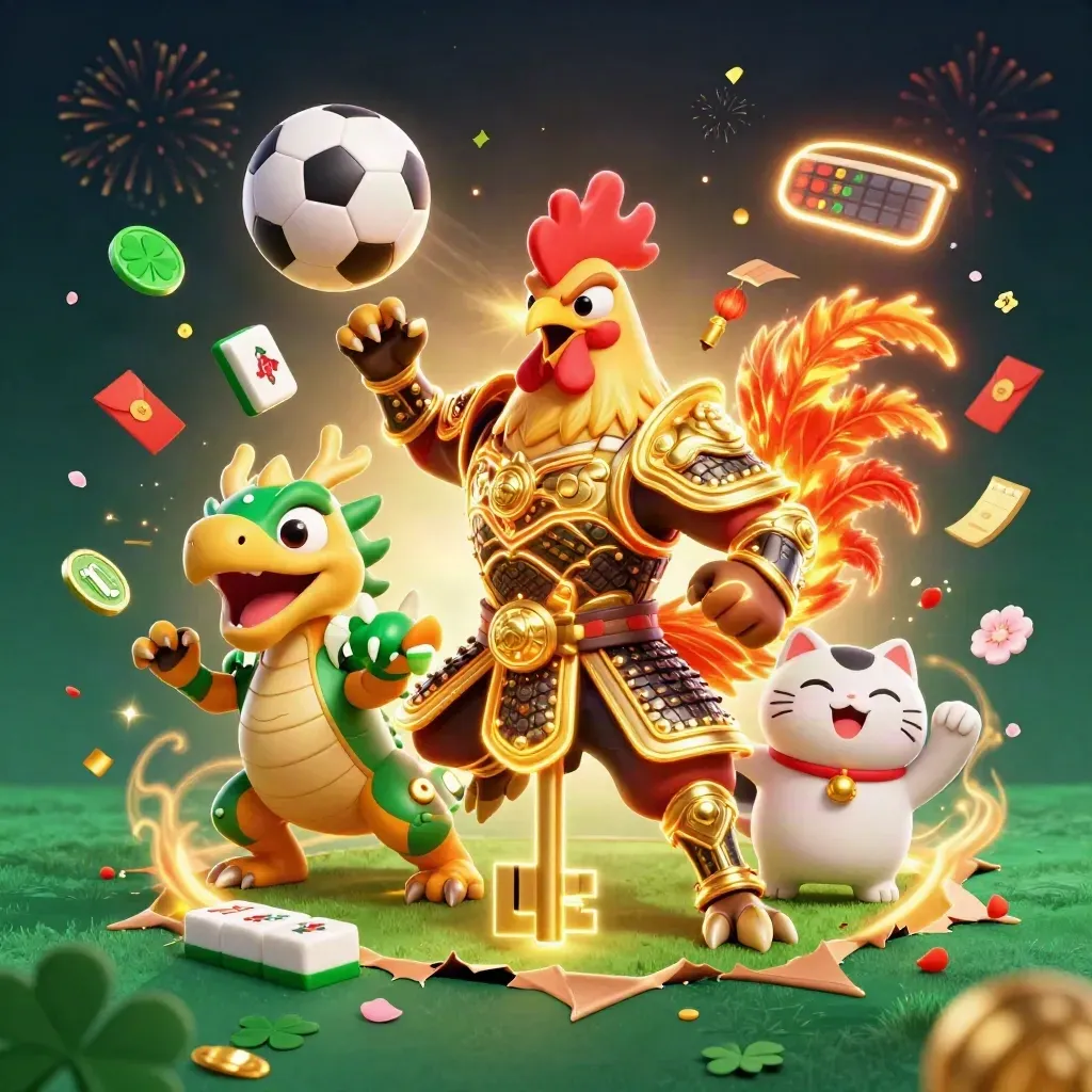 Rooster warrior, dragon hatchling, and fortune cat amid flying balls, gold confetti, and casino sparks.
