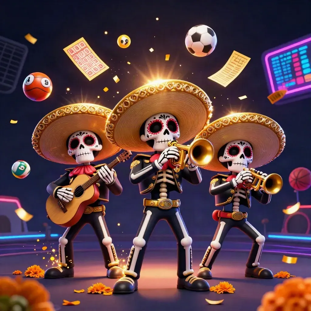 Three skeleton mariachi performers amid casino balls, prize wheel, and glowing sports props.