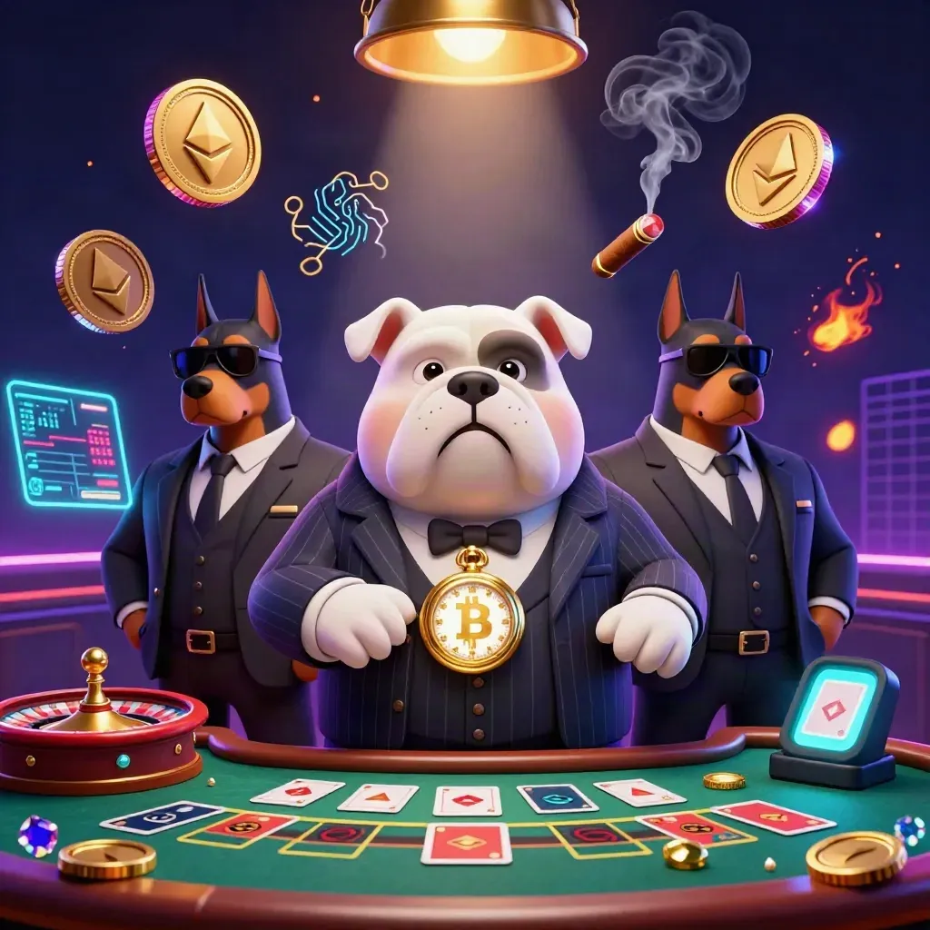 Bulldog boss and two Doberman guards in a neon casino with coins, cards, and lightning
