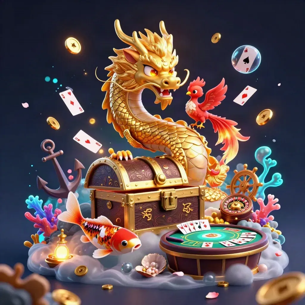 Golden dragon, phoenix, koi, and casino relics in a luxe underwater key art scene.