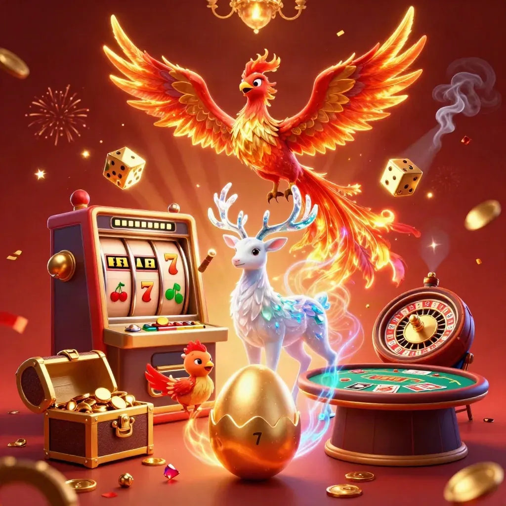 Phoenix, hatching egg, and crystal stag amid slot burst in a luxe glowing casino room.