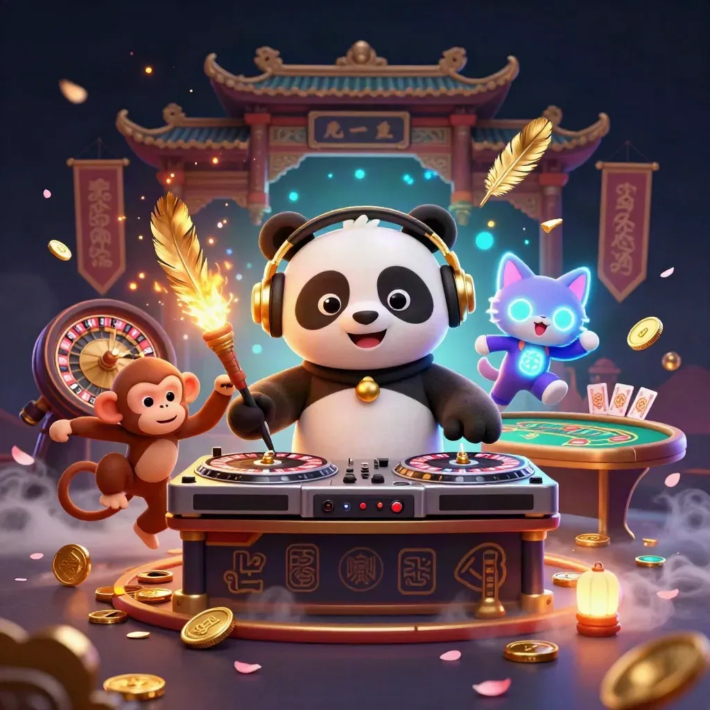 DJ panda, monkey, and kitten in a luxe casino scene with roulette, cards, coins, and neon glow.