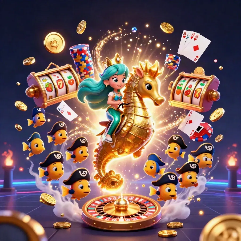 Mermaid princess on a gold seahorse with pirate fish, coins, cards, chips, and a glowing roulette wheel.