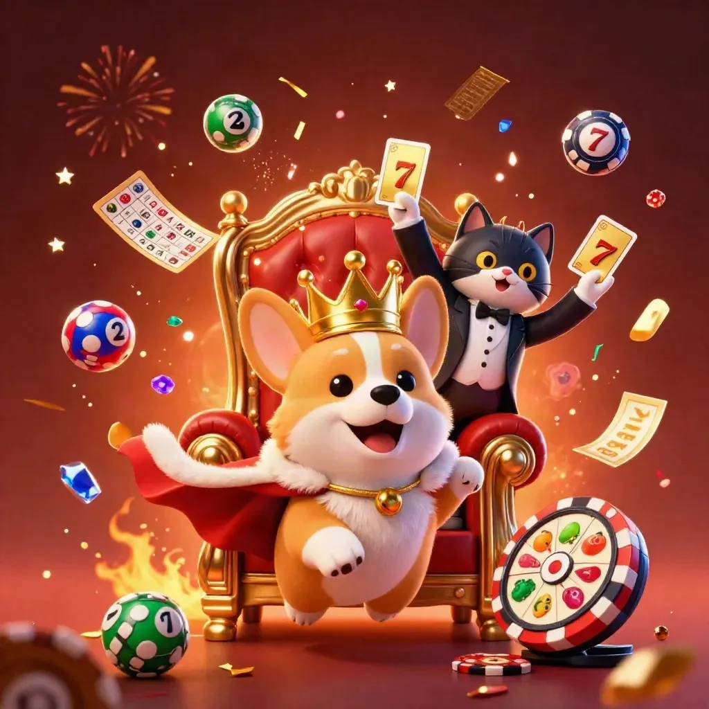 Royal corgi and cat butler on a chip throne amid casino prizes and glowing embers