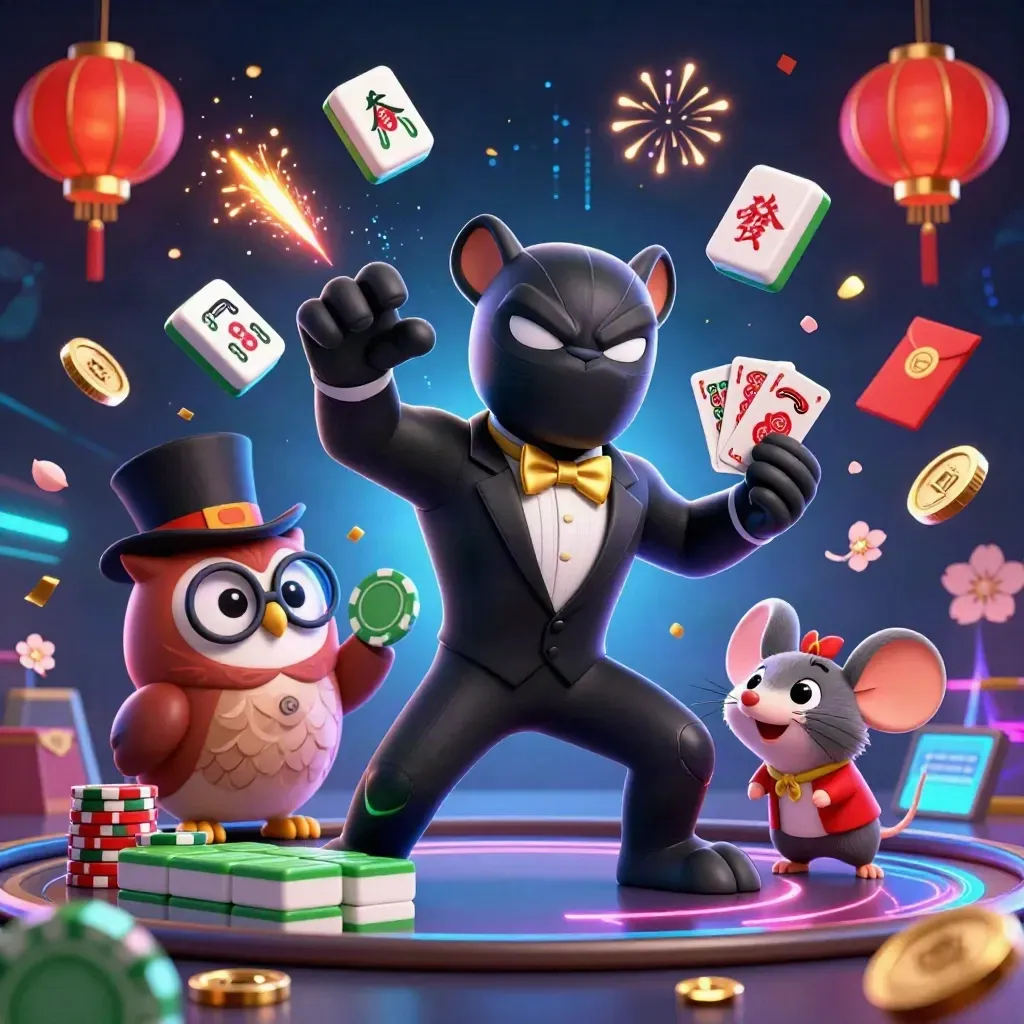Panther, owl, and mouse casino heroes amid gold, jade, lanterns, and sparks on dark navy