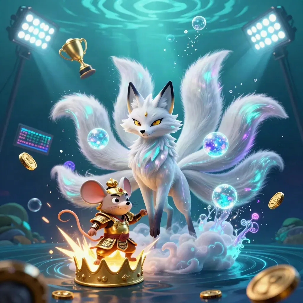 Neon nine-tailed fox spirit and armored mouse amid underwater gold, balls, coins, and light beams.