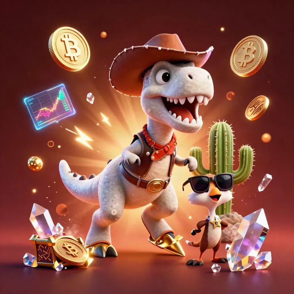 Cowboy T-Rex, cactus sidekick, and roadrunner burst with coins and gems in fiery casino glow.