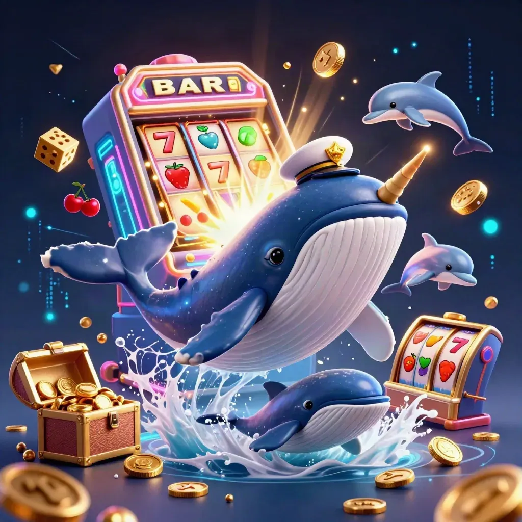 Whale captain, narwhal, and dolphins burst through coins around a glowing slot machine.