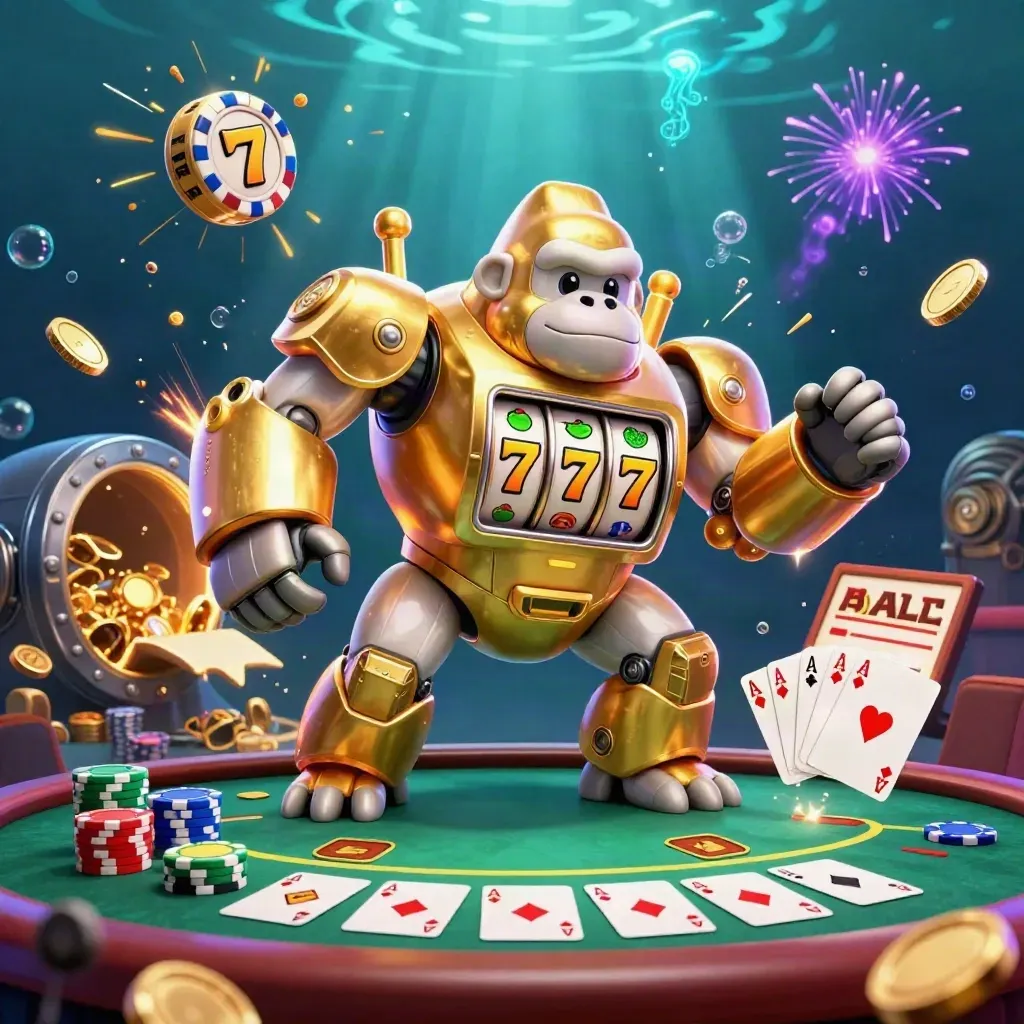 Golden gorilla slot mech with monkey pilot amid coins, poker chips, and underwater casino glow.
