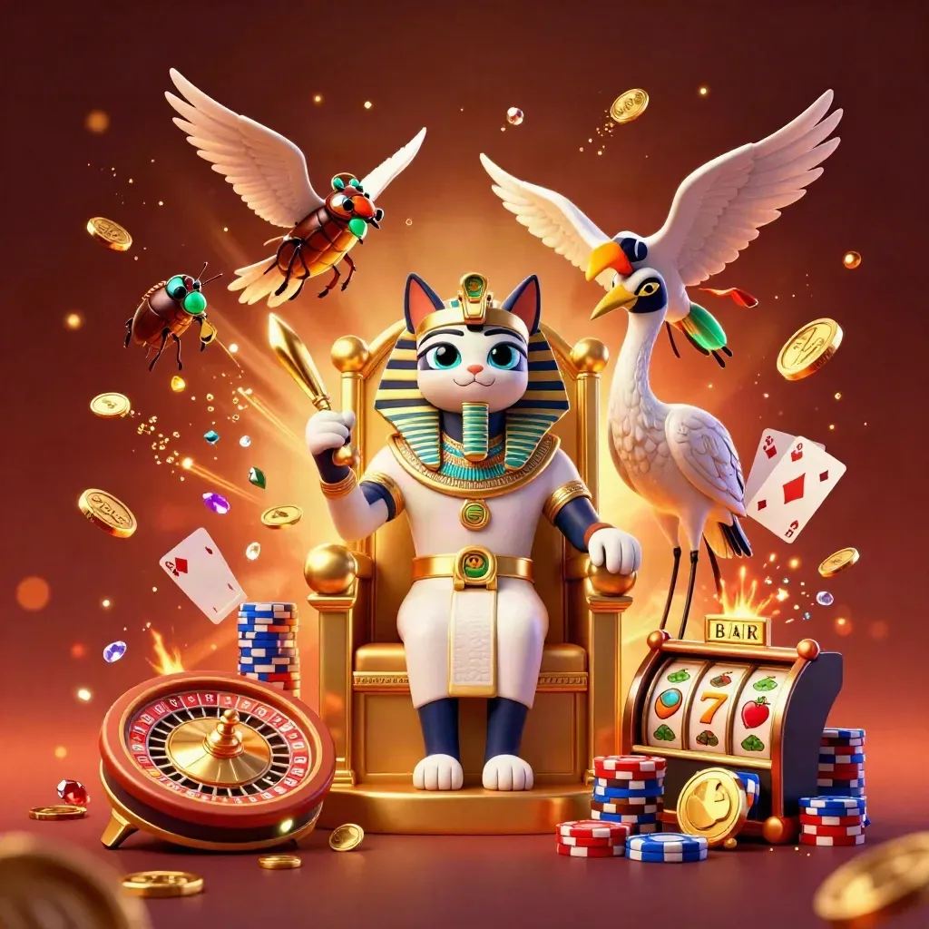 Pharaoh cat, ibis scribe, and gem-winged scarabs amid coins, gems, reels, chips, and fireworks.