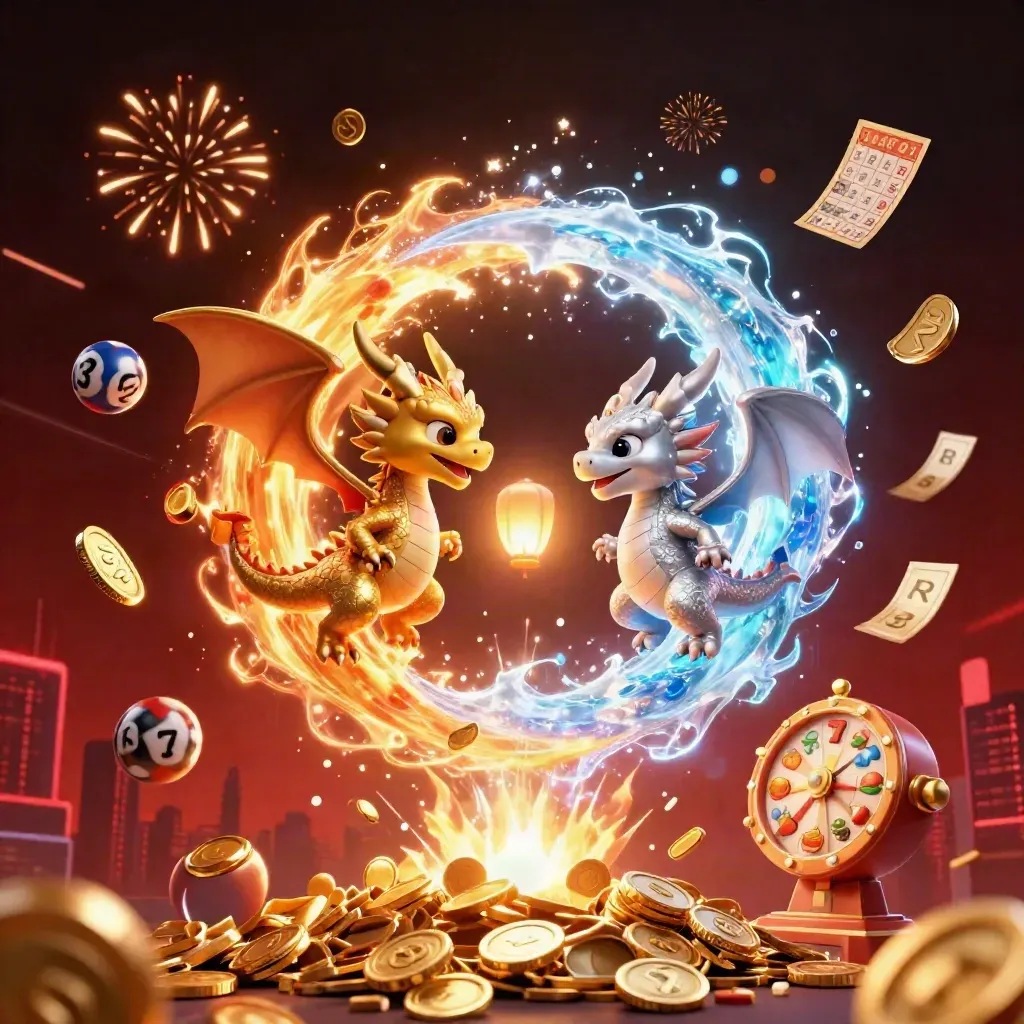 Gold and silver dragons spiral with casino symbols, coins, fireworks, and a glowing lantern spirit