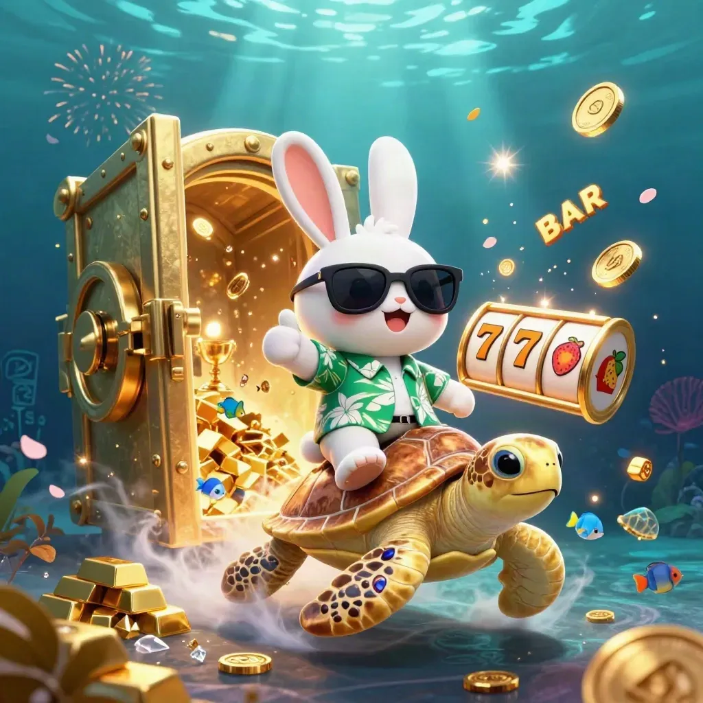 Lucky rabbit rides a gem turtle as a vault bursts with gold, gems, reels, and fireworks underwater.