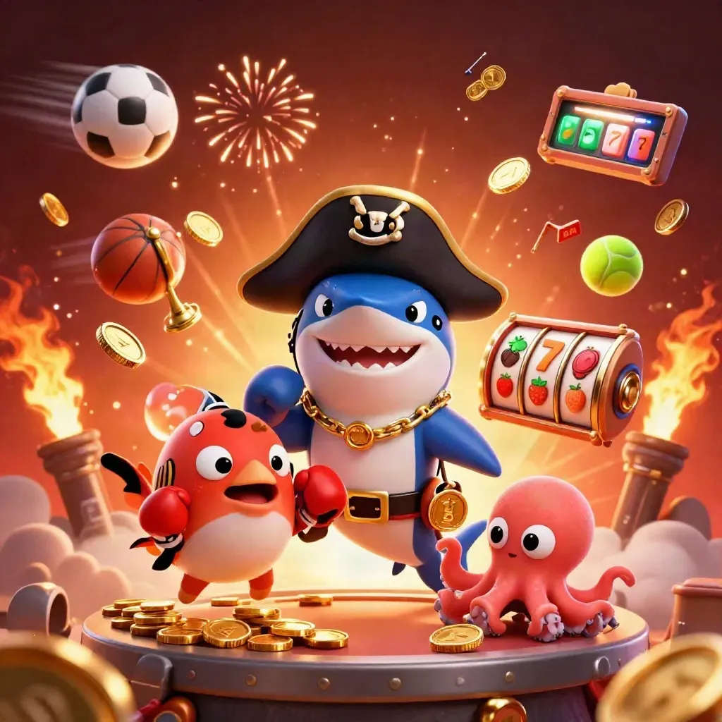 Pirate shark, boxing pufferfish, and octopus amid coins, sports balls, fireworks, and slot reels.