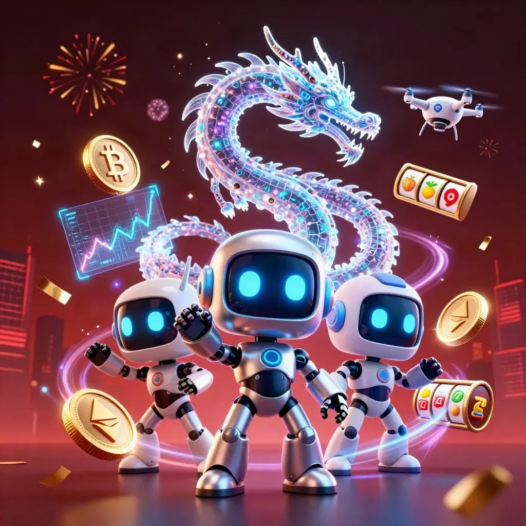 Cyberpunk robot, holographic dragon, and coin drone amid red casino glow, reels, coins, sparks.