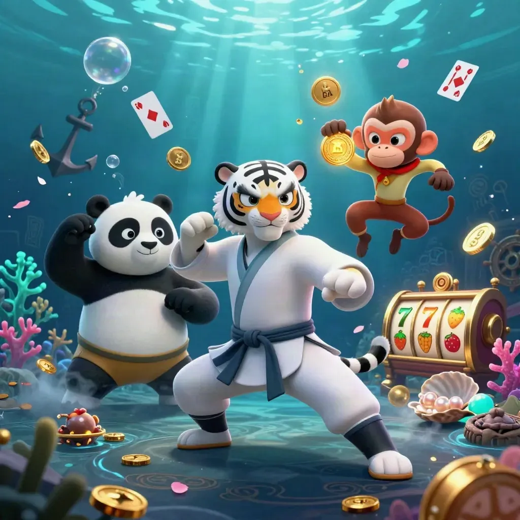 Kung-fu tiger, panda, and monkey in a glowing underwater slot-cove with coins, reels, and treasure.