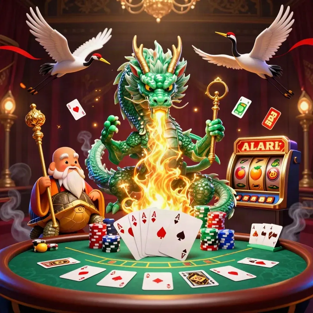 Emerald dragon, turtle sage, and cranes amid casino cards, chips, reels, and golden fire