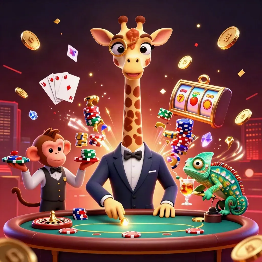Luxe casino giraffe, monkey and chameleon amid chips, coins, roulette wheel and glowing effects.