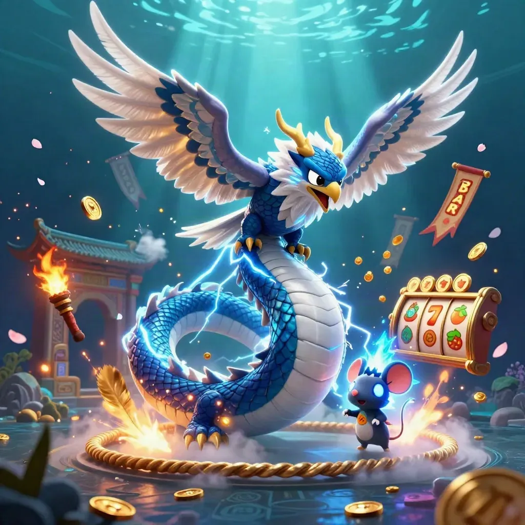 Thunder dragon, wind hawk, and static mouse amid slot reels, temple gate, and casino glow.