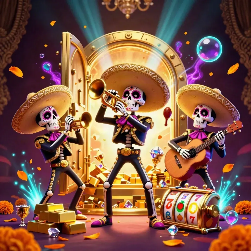 Skeleton mariachi trio with gold vault, jewels, reels, and neon casino glow