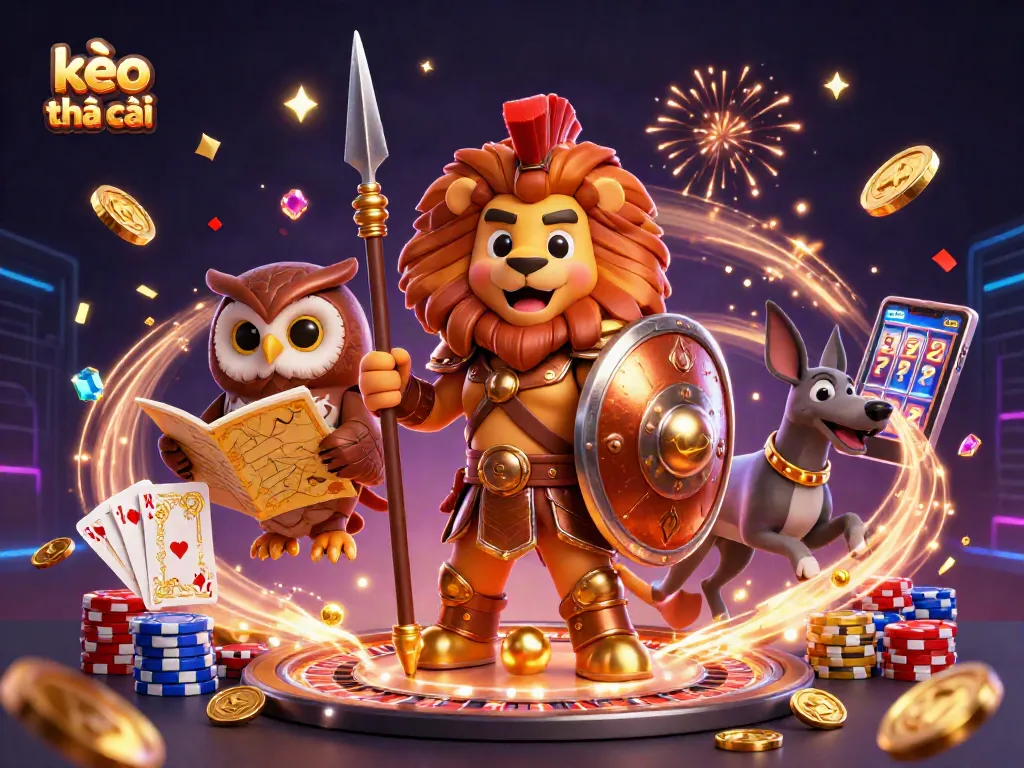 Bet on kèo nhà cái as the Spartan lion, strategist owl, and swift greyhound celebrate with coins and gaming elements.