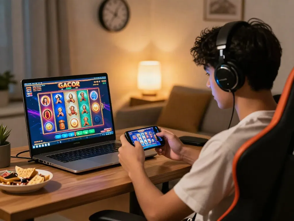 Excited player enjoying slot online gacor game on smartphone in cozy home setting.