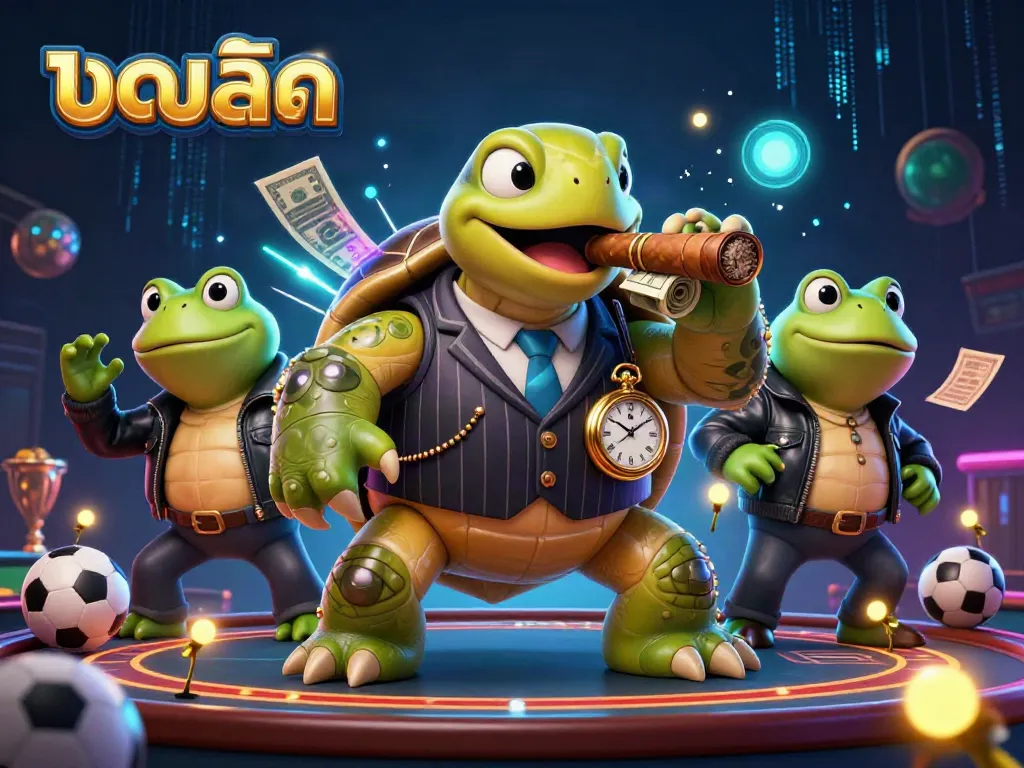 Bet on บอลสด with massive snapping turtle and frog enforcers in a lively casino scene