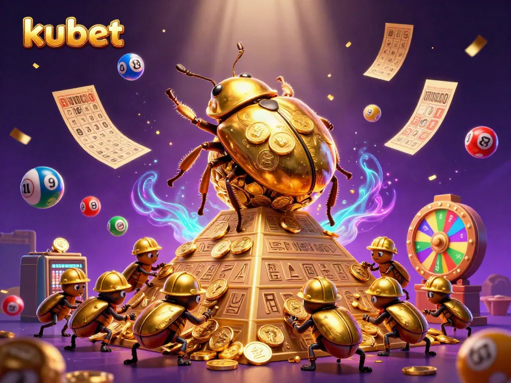 Engage with kubet's vibrant casino scene featuring golden beetles, lottery elements, and stunning visuals.