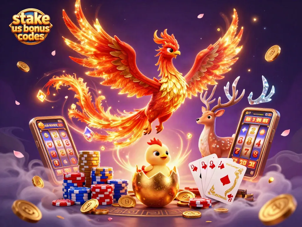 Spin to win with stake us bonus codes in a dazzling casino scene featuring a phoenix and treasures.